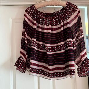 Loft gorgeous black white and red lined bell sleeve top size MP
